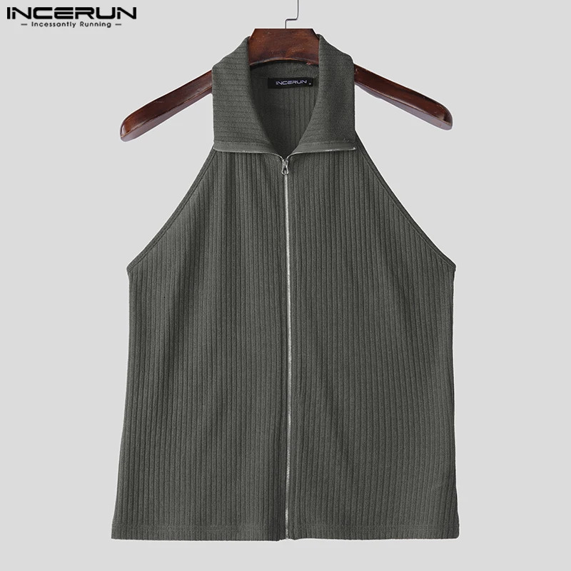 INCERUN Tops 2025 Korean Style Fashion Mens Knitted Texture Hanging Neck n Vests Casual Streetwear Solid Zipper Tank 260312