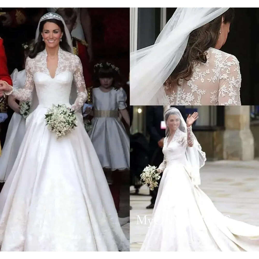 Customized White A Line Wedding Dresses V Neck Sheer Illusion Long Sleeves Appliqued Lace Stain Kate Middleton Buttons Back Royal Bridal Gown D0330