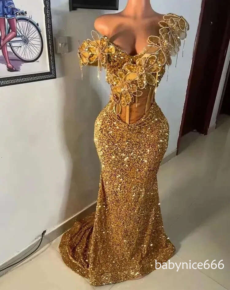 Sparkly Gold Sequined Evening Dresses Aso Ebi Beautiful Flowers Corset Bodice Special Occasion Gown Sweep Train Mermaid Women Second Reception Prom Dr