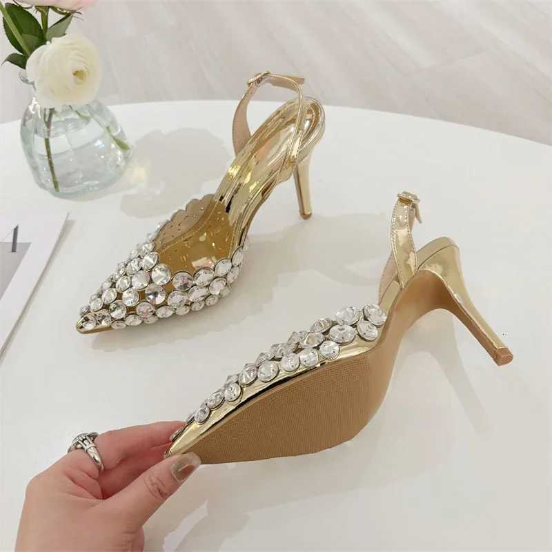 Aneikeh Fashion Stiletto Pumps Summer Silvery Rhinestone Hollow Strap High-heeled Sandals Women Wedding Banquet Shoes Z260330