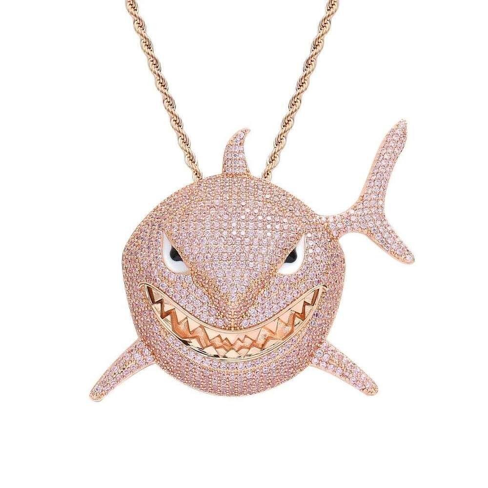 American-Style Niche Shark Pendant With Pink Micro-Inlaid Zircon, Exaggerated And Unique Hip-Hop Men's Non-Fading Cuban Chain