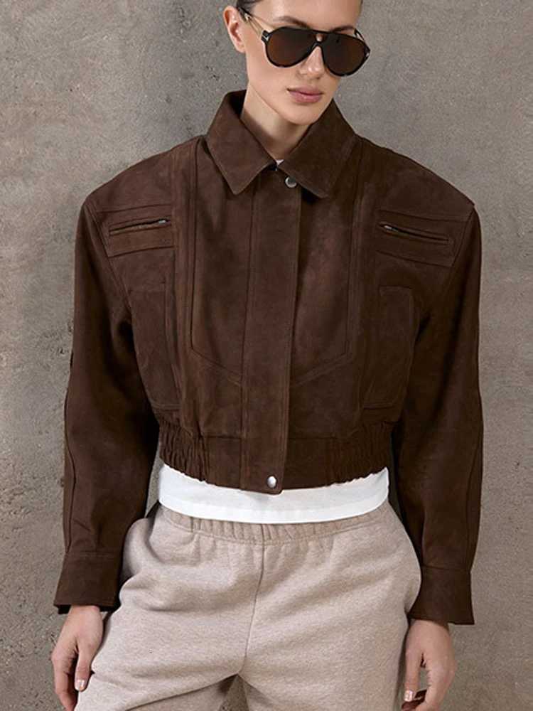 FSMG Vintage Solid Suede Lapel Jacket For Women Casual Long Sleeve Pocket Zipper Short Coat Lady High Street Motorcycle OutwearsT260328