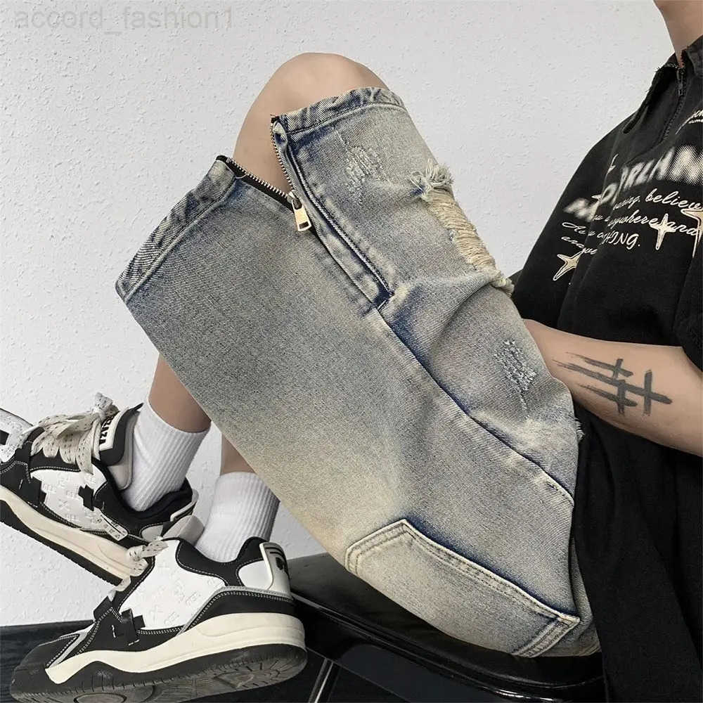 Mens High Street Ripped Denim Versatile Loose and Handsome Shorts H260330