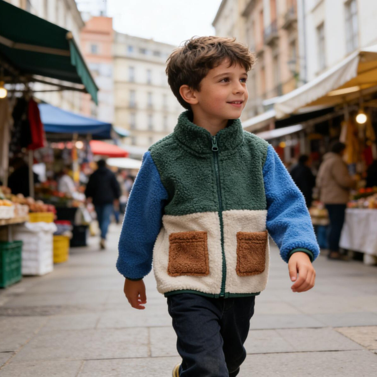 Baby Boys Color Block Sherpa Jacket, Green Blue Beige Fleece Zip-Up Coat with Pockets