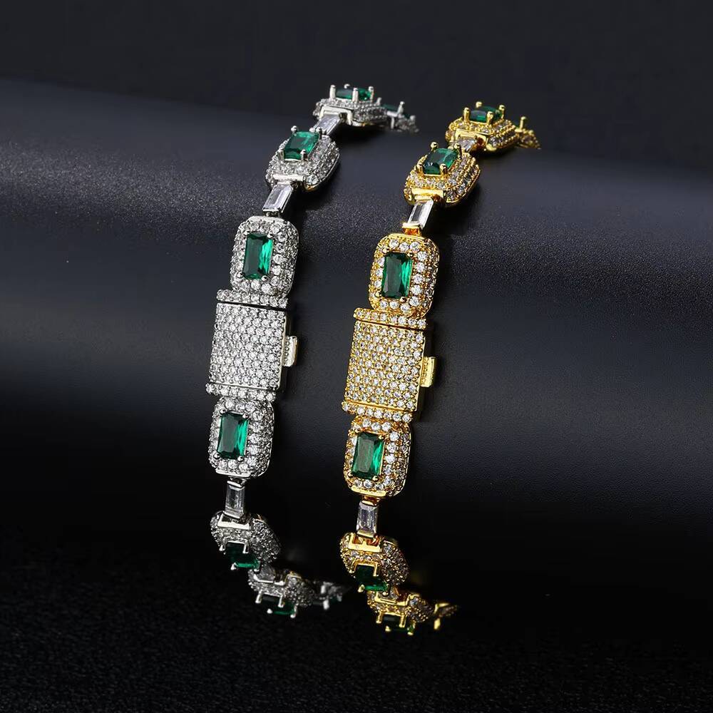 European American High-Grade Emerald Moissanite Bracelet for Women Trendy Hip Hop Color Gem Jewelry Cross-Border Wholesale