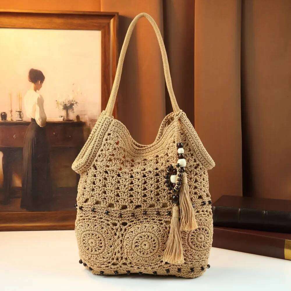 2026 New Crochet Knitting Openwork Woven Large Capacity Tassel Bead Shoulder Bag, Summer Beach Bag