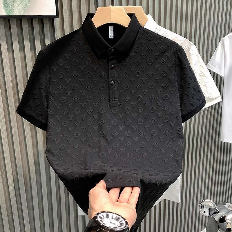New Short Sleeve T-Shirt for Men Fashionable Light Luxury Jacquard Casual Youth Slim Fit Turn-Down Collar Base Shirt