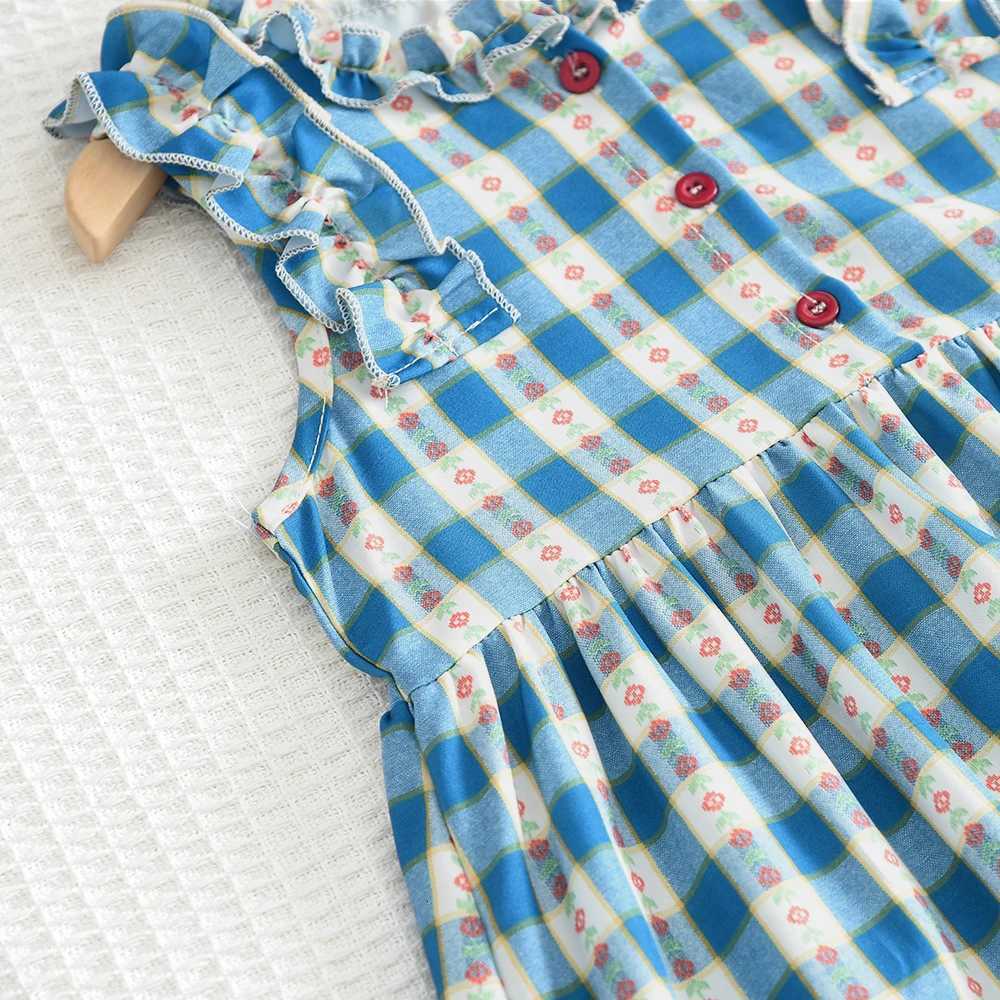 Bear Leader New Girls Flower Print Princess Dresses Wood Ear Edge Plaid Waistband Casual Kids Clothes Fashion Summer WearT260330