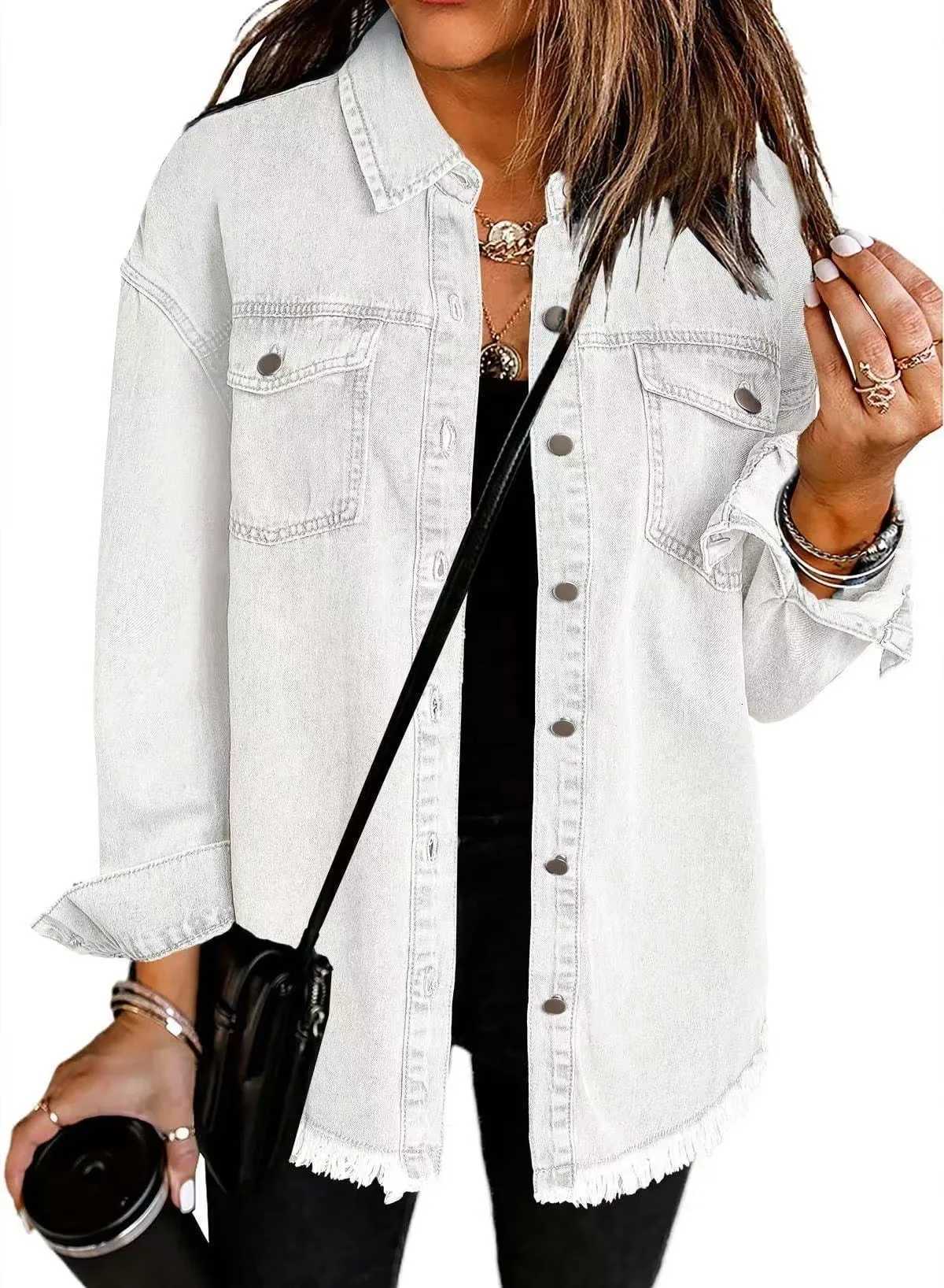 New Washed Denim Shirt Jacket for Women Fall/Winter Street Style with Distressed Hem Womens OuterwearT260328