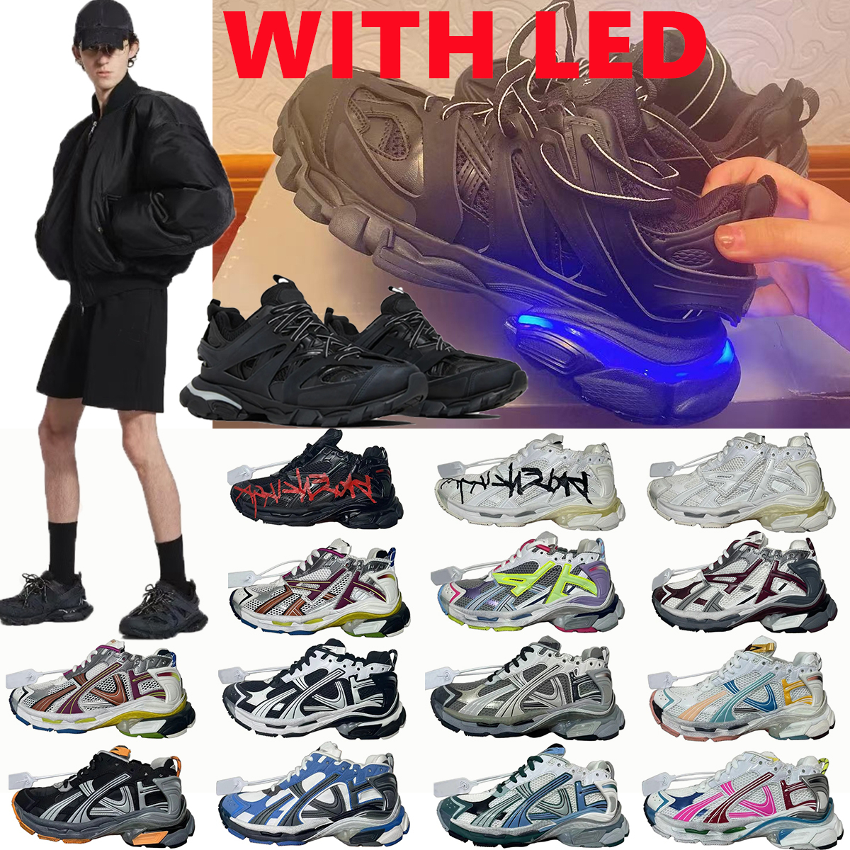 2026 WITH BOX brand Sneakers Runners 7.0 7.5 3.0 WITH LED Designer Platform All Black white Multicolor Pink Blue Grey Ancien men women trainers Shoes bolencigac tracks