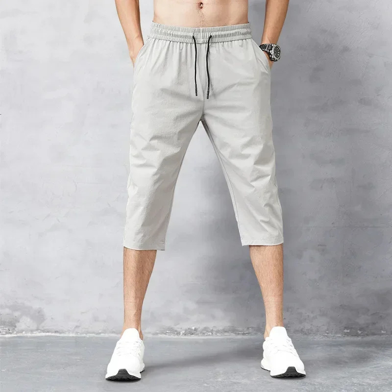 34 Length Mens Shorts Quick Drying Ice Silk Summer Breeches Male Long Calf Bermuda Board Beach Elastic Big Size Nylon Stretch 260330