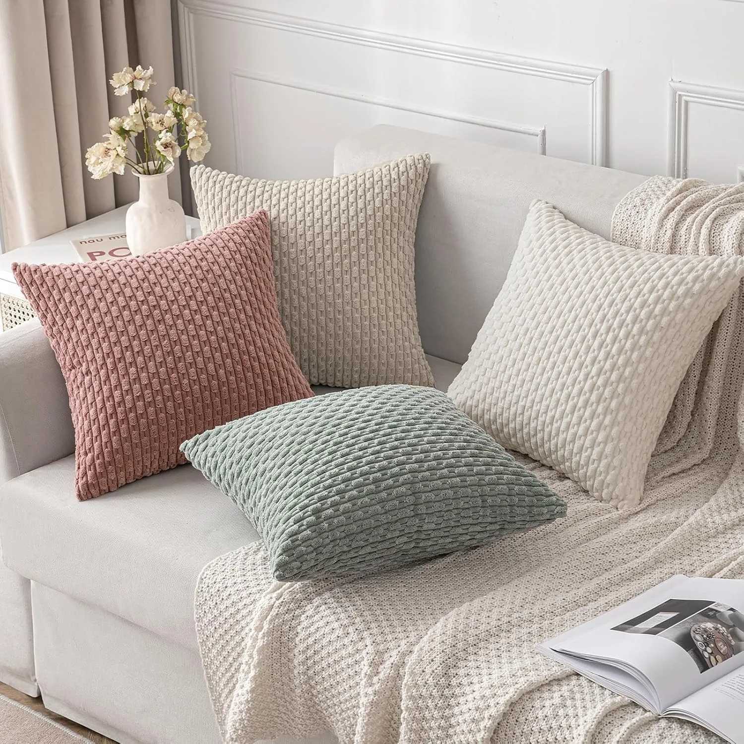 Green Pillow Covers Spring Decorations Boho Striped Corduroy Throw Pillow Cases Soft Plush Farmhouse Couch Cushion Case 45x45CM H260330 - view 4
