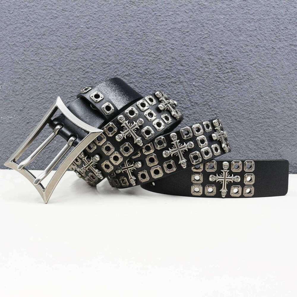 Heavy Duty Goth Street Men Rivet Real Pin Male Black Rock Genuine Leather Cowhide Punk Belt Jeans Chunjinqiuli