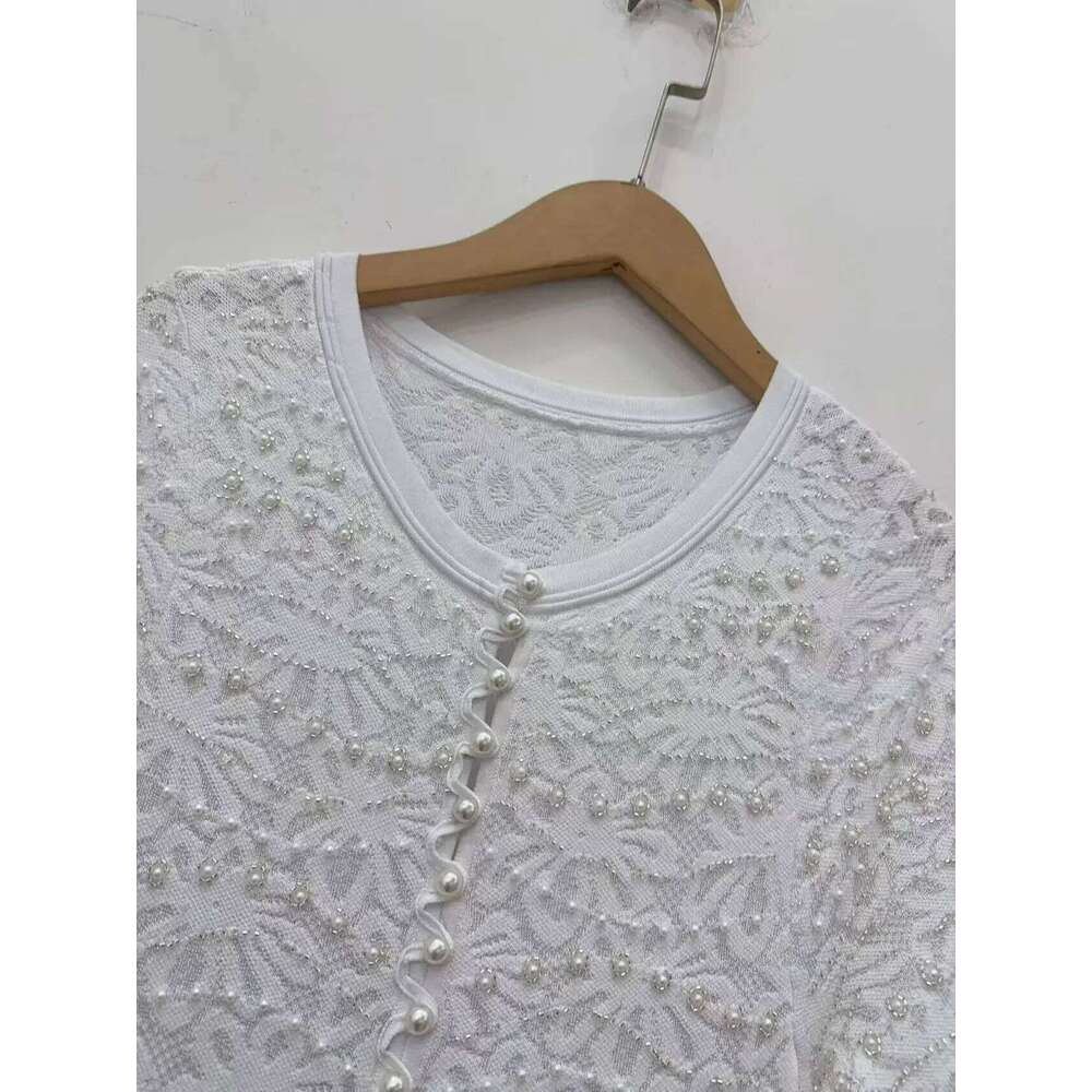 Women Single Breasted Slim Knit Midi Dress Spring New Pearl Decoration High Waist Lady Short Sleeve Splices Long Robe Mdng260330