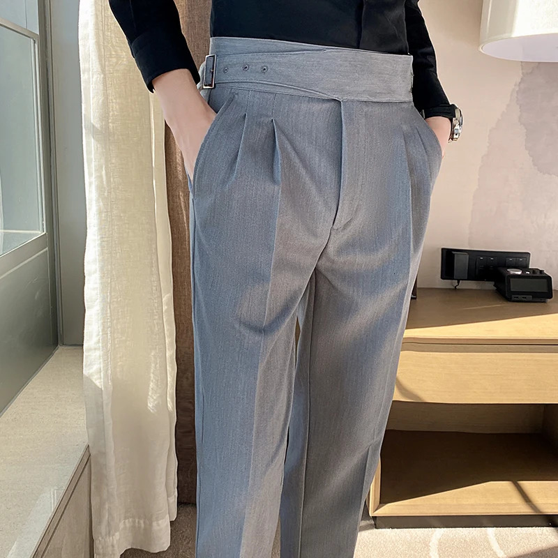 British Style Men High Waist Casual Dress Pant Men Belt Slim Trousers Formal Office Social Wedding Party Dress Suit Pants 260326