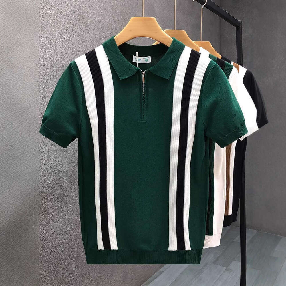 luxury New Summer Color Block Half-Zip Polo Shirt for Men, Thin Knit Short-Sleeve T-Shirt with Turn-Down Collar