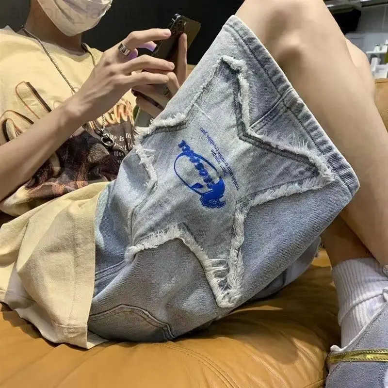 Five-pointed Star Embroidered Denim Shorts Mens Summer High Street Japanese Loose Retro Trendy Pants H260330