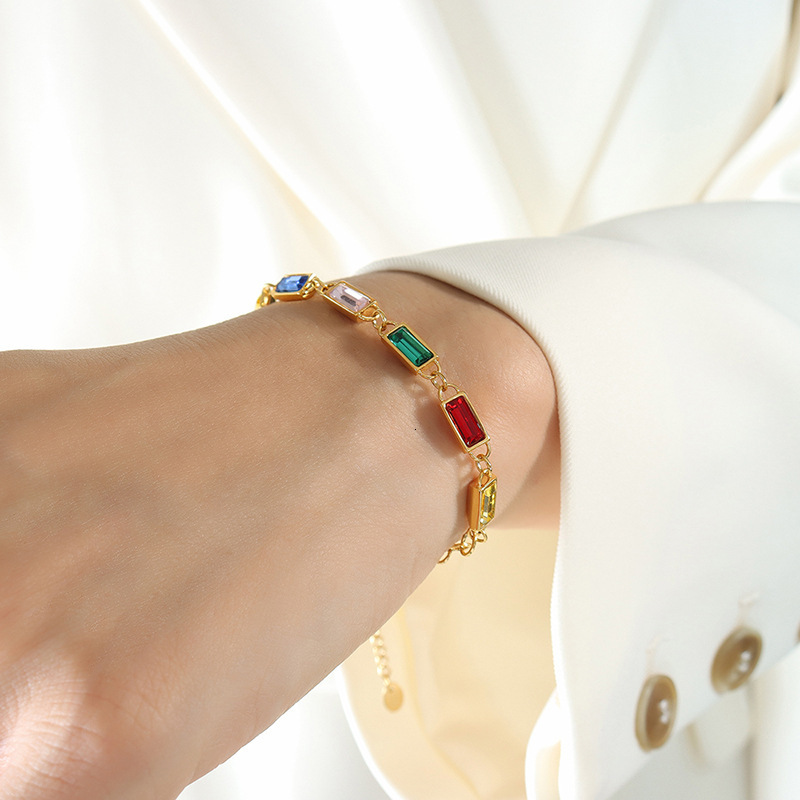 Colorful Rectangle Rhinestone Spliced Necklace Non-fading Bracelet 18k Gold Stainless Steel Multi-color Stones Luxury Designer Simple Unique Jewelry S