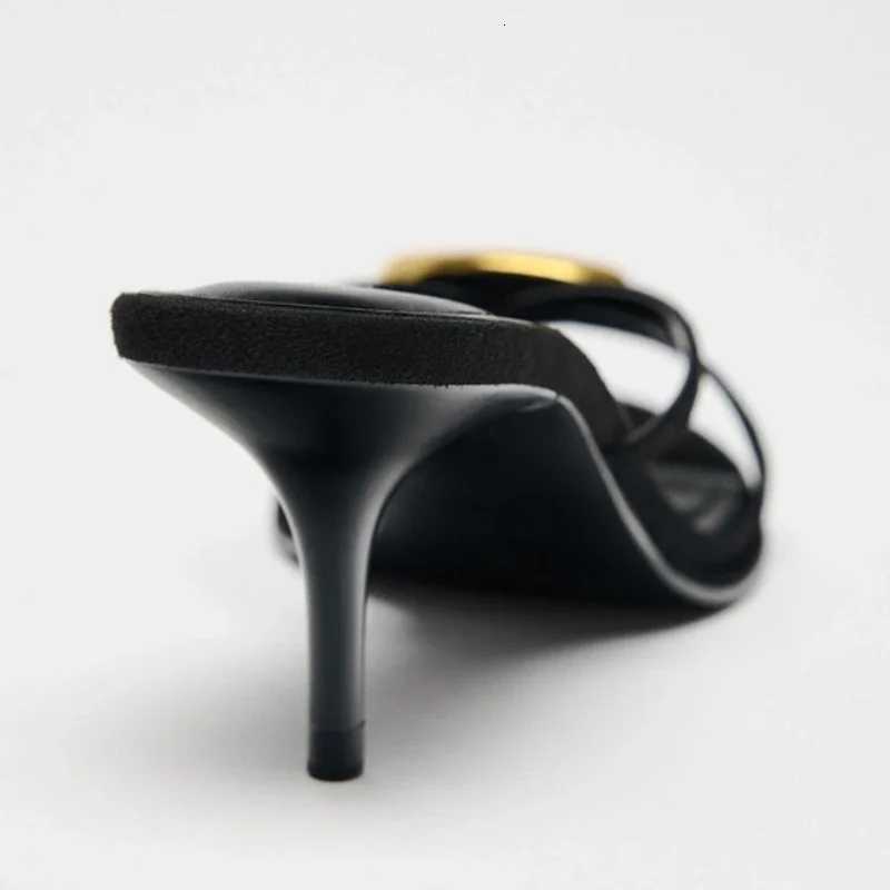 Summer 2025 Metal Decorative Black High-heeled Sandals Women Fashion Round Toe Open Toe Sexy Thin High Heel Slippers Ladies Shoe Z260330