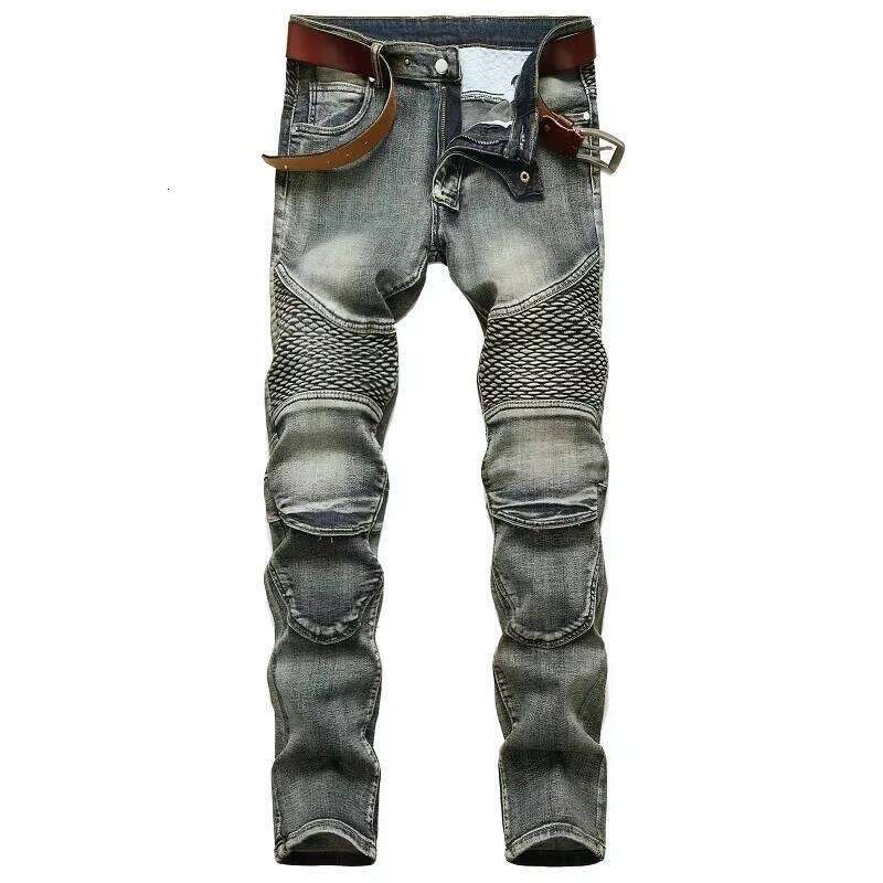 Autumn Men's Patchwork Vintage Biker Jeans Hip Hop Trousers Slim Straight Elastic Cycling Denim Pants Male Fashion Streetwear 26Y0330