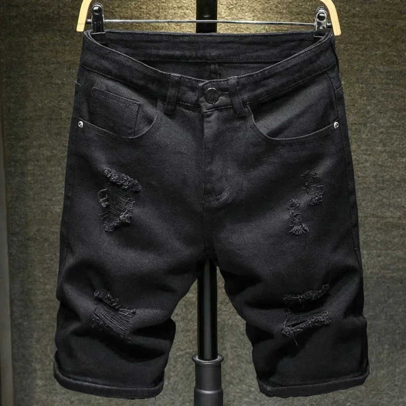 Streetwear Ripped White Denim Shorts Men New Fashion Knee Length Jeans Simple Casual Slim Hole Short Pants Male H260330