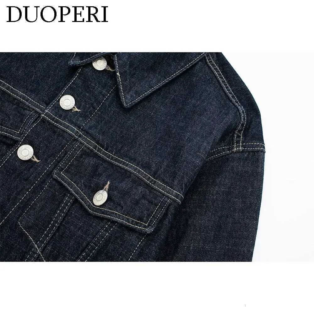 DUOPERI Women Fashion Denim Blue Single Breasted Jacket Lapel Neck Long Sleeves With Pockets Female Chic Lady Casual OutwearT260328