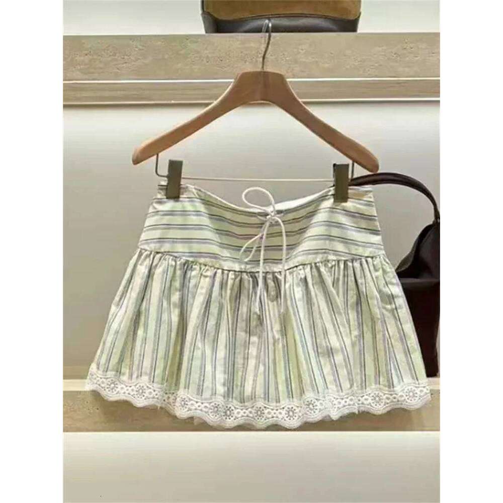 Summer Women Single Breasted Short Top + Drawstring Mini Skirt Female Stripe Embroidery Set Mdng260330