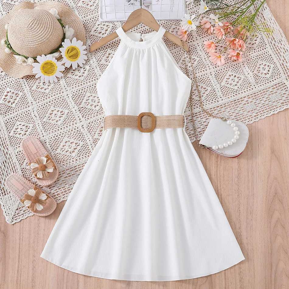 Elegant Summer Princess Dress for Teen Girls with Halter Neck and Off-Shoulder Children Sleeveless Casual Clothes with BeltT260330