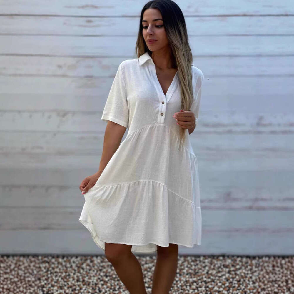 New European and American women's clothing for cross-border trade, Amazon dress, loose-fitting solid color, collared, casual short-sleeve cotton-