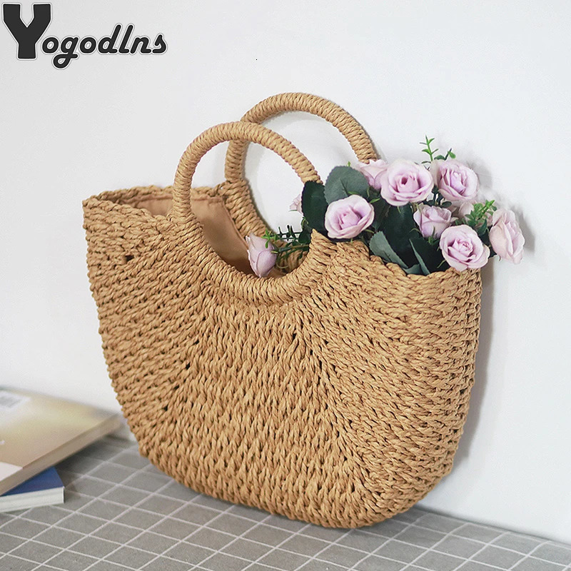 Summer Handmade Bags for Women Beach Weaving Ladies Straw Bag Wrapped Beach Bag Moon shaped Top Handle Handbags 260316