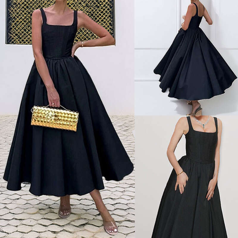 2026 Spring New Collection: Cross-Border European American Foreign Trade Women's Clothing - Elegant and Slim-Fit Square-Neck Patchwork A-Line Dre