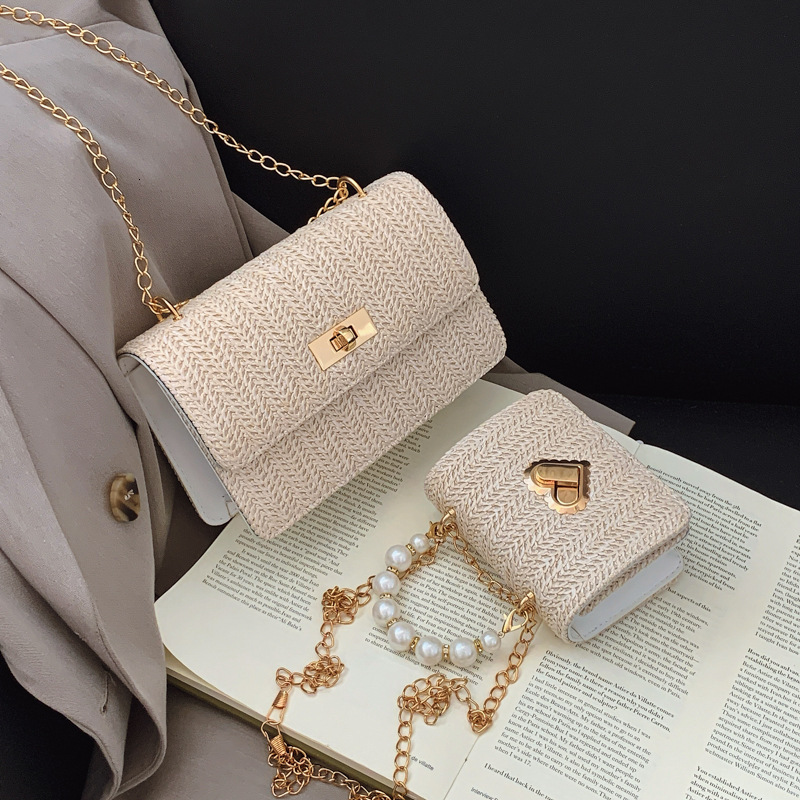 Free Shipping High Value Straw Woven Crossbody Bag for Women Pearl Beaded Handbag Summer Beach Chain Shoulder Bag with Multiple Sizes
