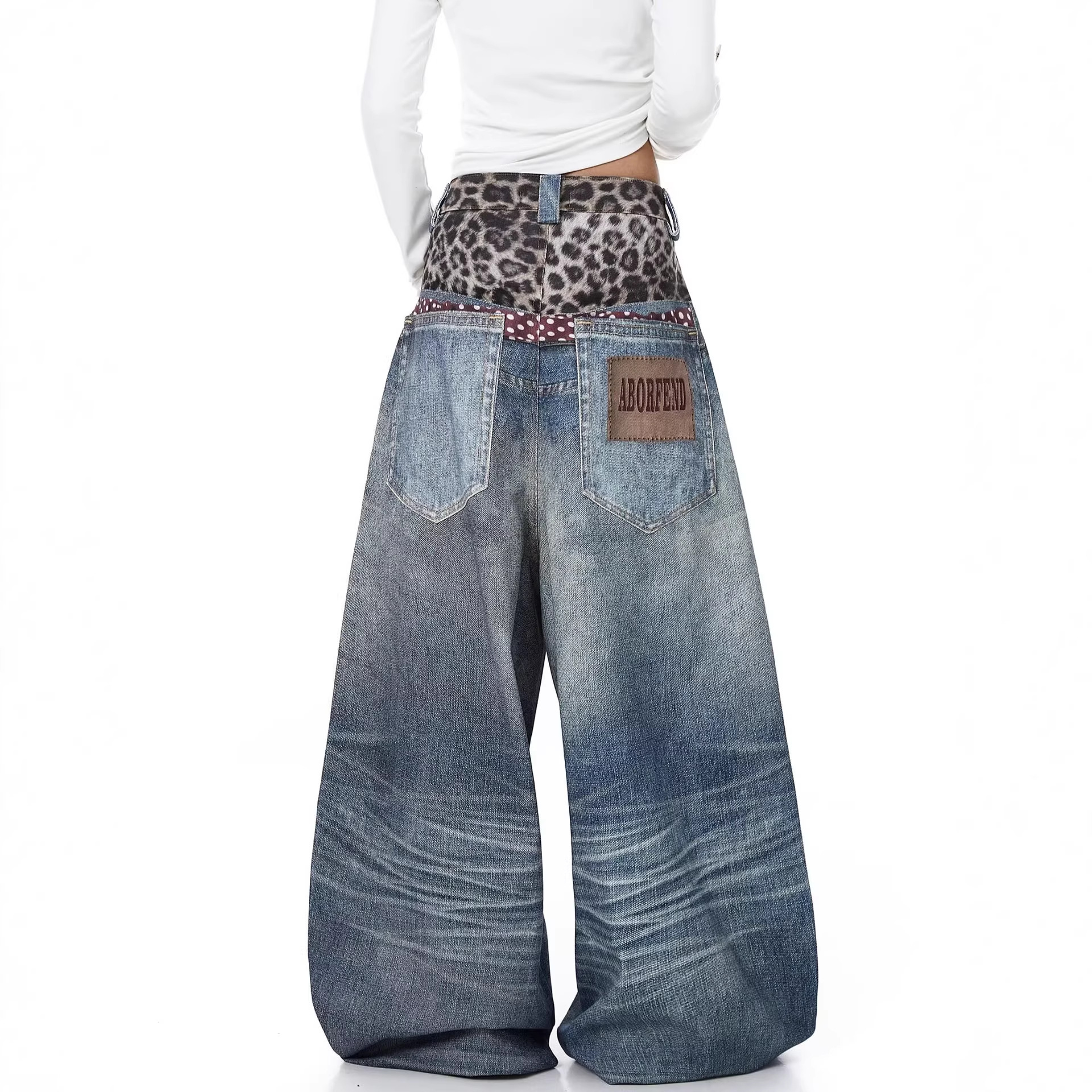 Loose Women's Denim Jeans with Leopard Print Tie Hole Punching Spring New Sle Casual Bf Wide Leg Pants Neutral Sle