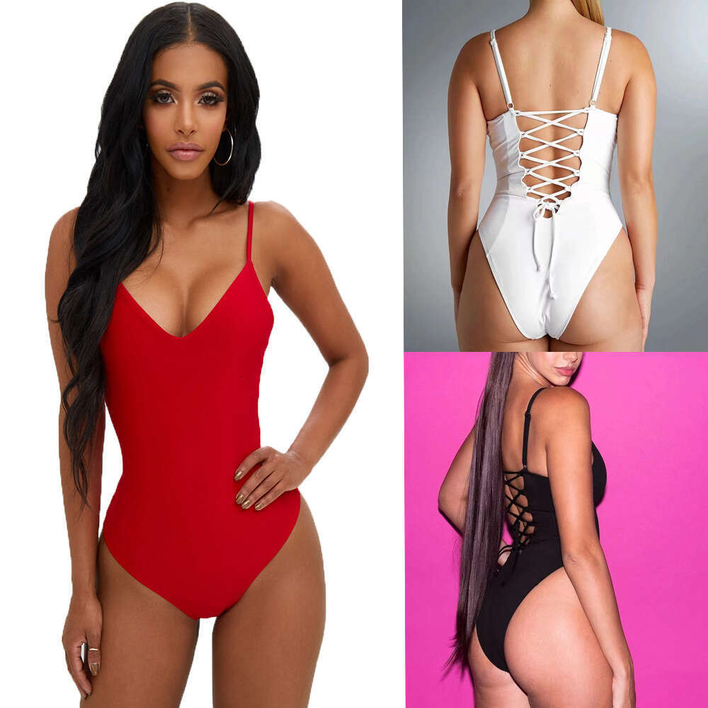 New European and American cross-border women's tank top swimsuit with straps, open back, lace-up, plus size, sexy, solid color, triangle one-piec