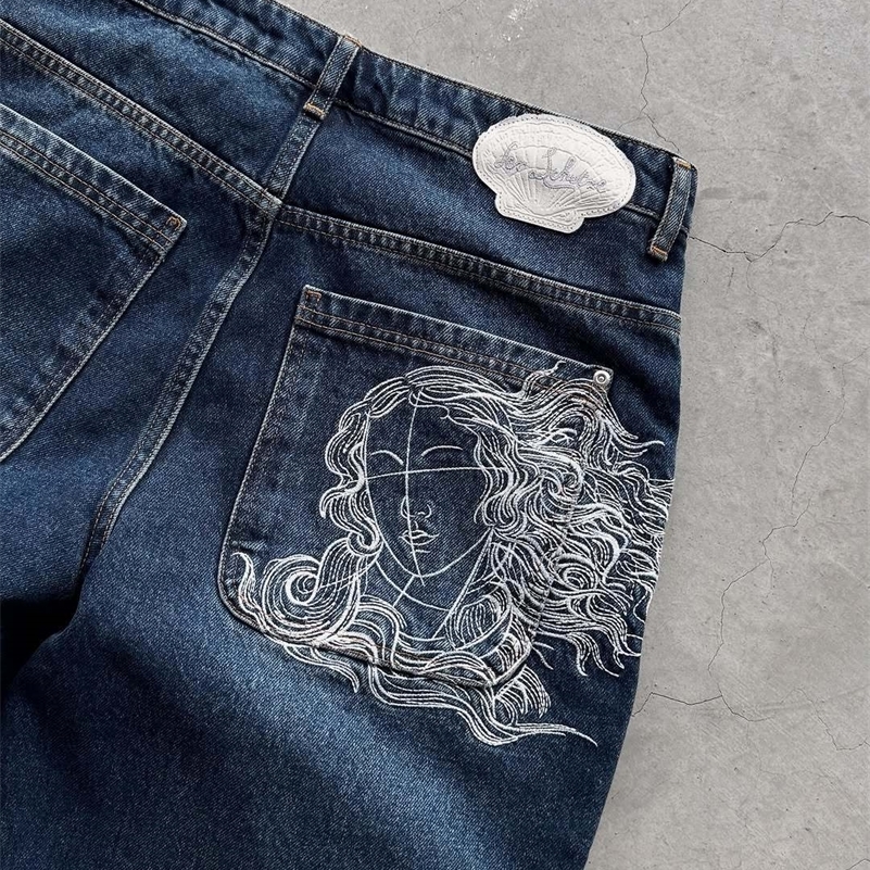 Mens Jeans Woman Face Embroidery Slim Straight Denim Stretch Cotton Casual Streetwear Vintage Style Daily Wear Multiple Sizes 260327