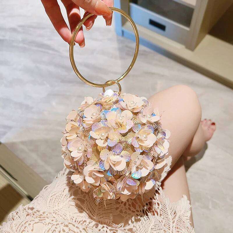 Mini Sequin Flower Evening Bag Elegant Dinner Clutch Purse Formal Round Banquet Handbag For Wedding Party Prom Clutch Bags