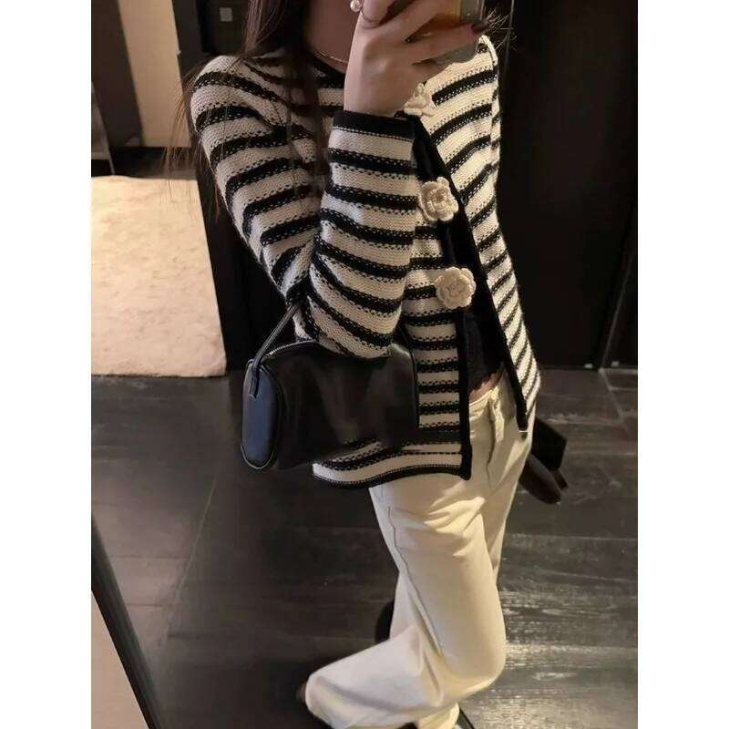 Temperament Camellia For Women In Autumn Striped Crochet Knitted Cardigan New Jacket Top