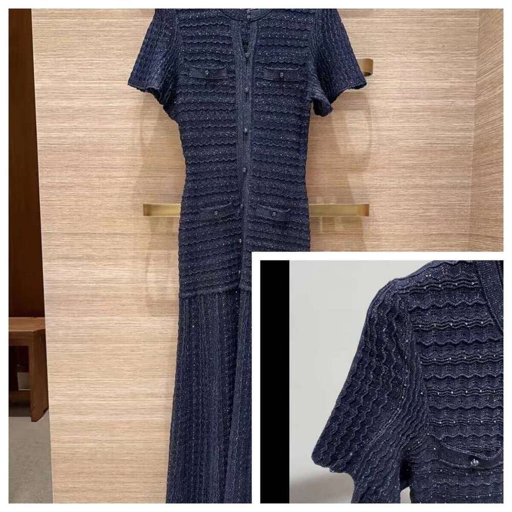 Asian Size Luxury Temperament Fashion Slim Navy Blue Round Neck Short-Sleeved Bright Silk Knitted Dress Women 26 New Mdng260330