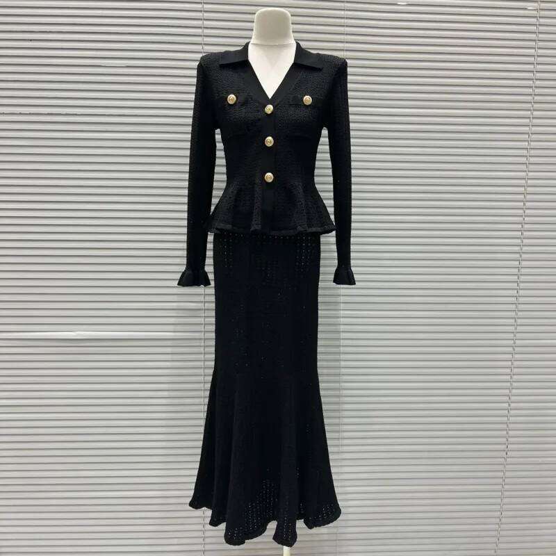 Fall French Style V-Neck Ruffle Blouse & Skirt Set, Slim Fit Elegant 2 Piece Office Outfit, Viscose + Nylon Blend Mdng260330
