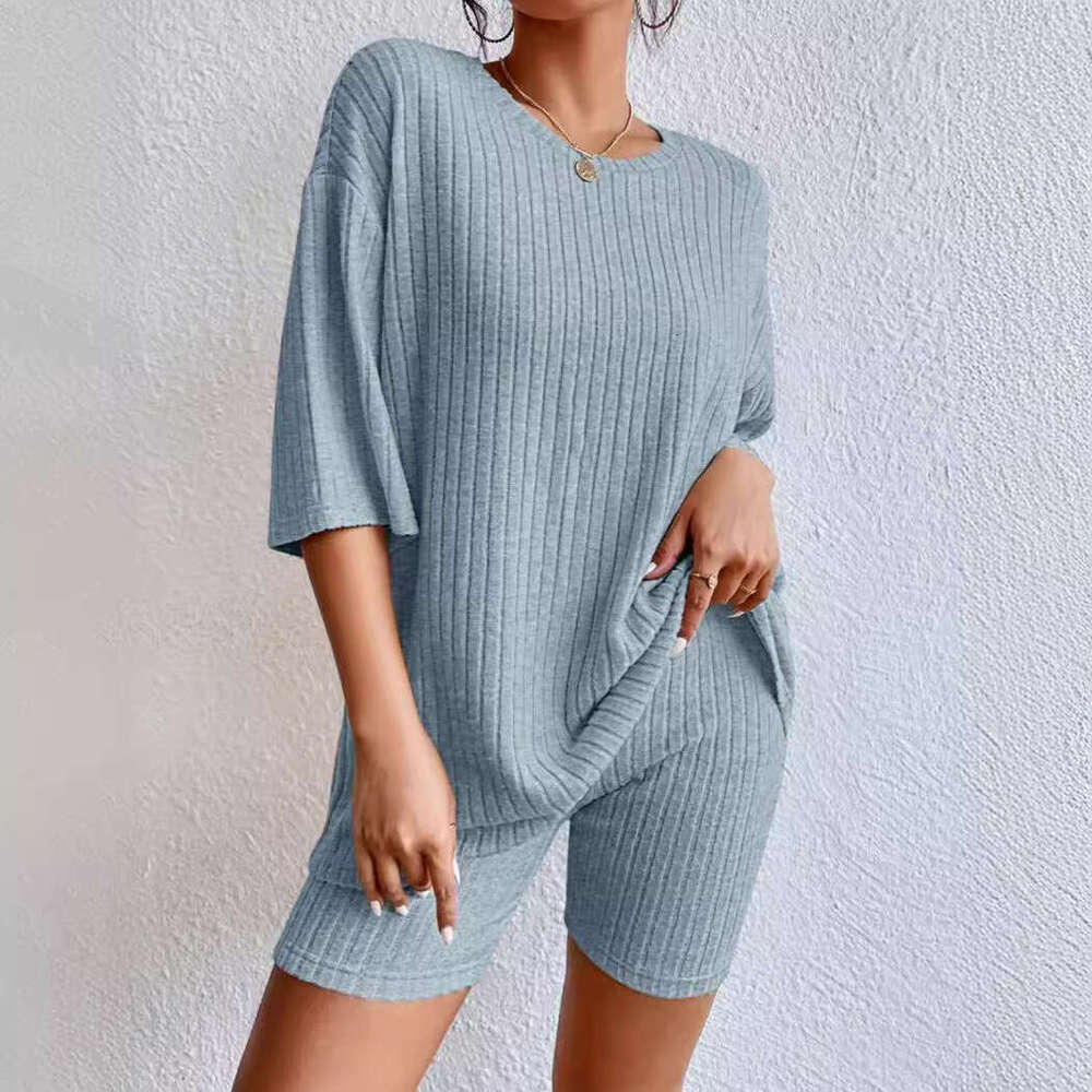 New European and American 2026 fashion casual solid color spring round-neck loose women's shorts set