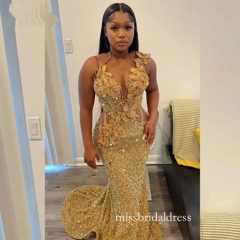 Elegant Gold Sequins Mermaid Prom Party Dresses 2024 Sheer Neck Lace Appliques Plus Size Formal Evenign Ocn Gowns D0327