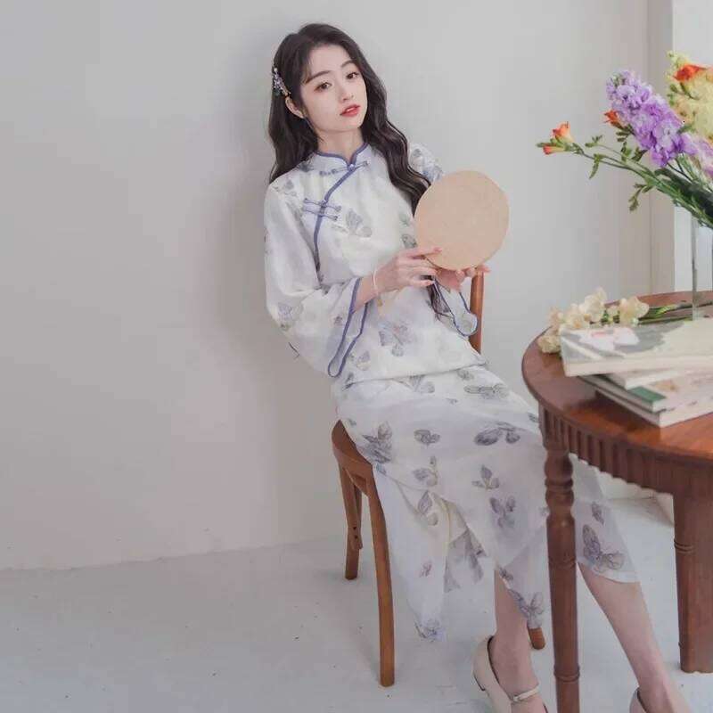 Autumn Chinese Style Women Qipao Dress Butterfly Print Long Sleeve Modern Improved Cheongsam Elegant Ladies Evening Dresses MAKOUFEI