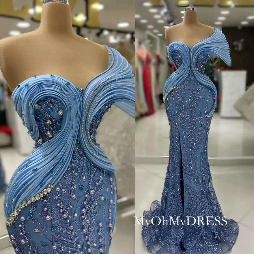 2025 Plus Size Prom For Special Occasions Formal Dresses Mermaid One Shoulder Beaded Lace Pearls Crystals Birthday Party Gowns Reception Dress D0330