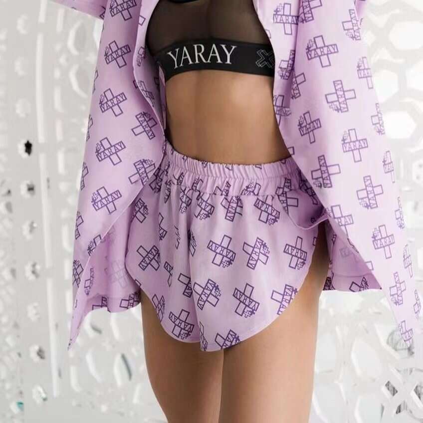2026 European and American cross-border new style loose long-sleeve women's printed casual commuter lace-up pajama high-waisted shorts set