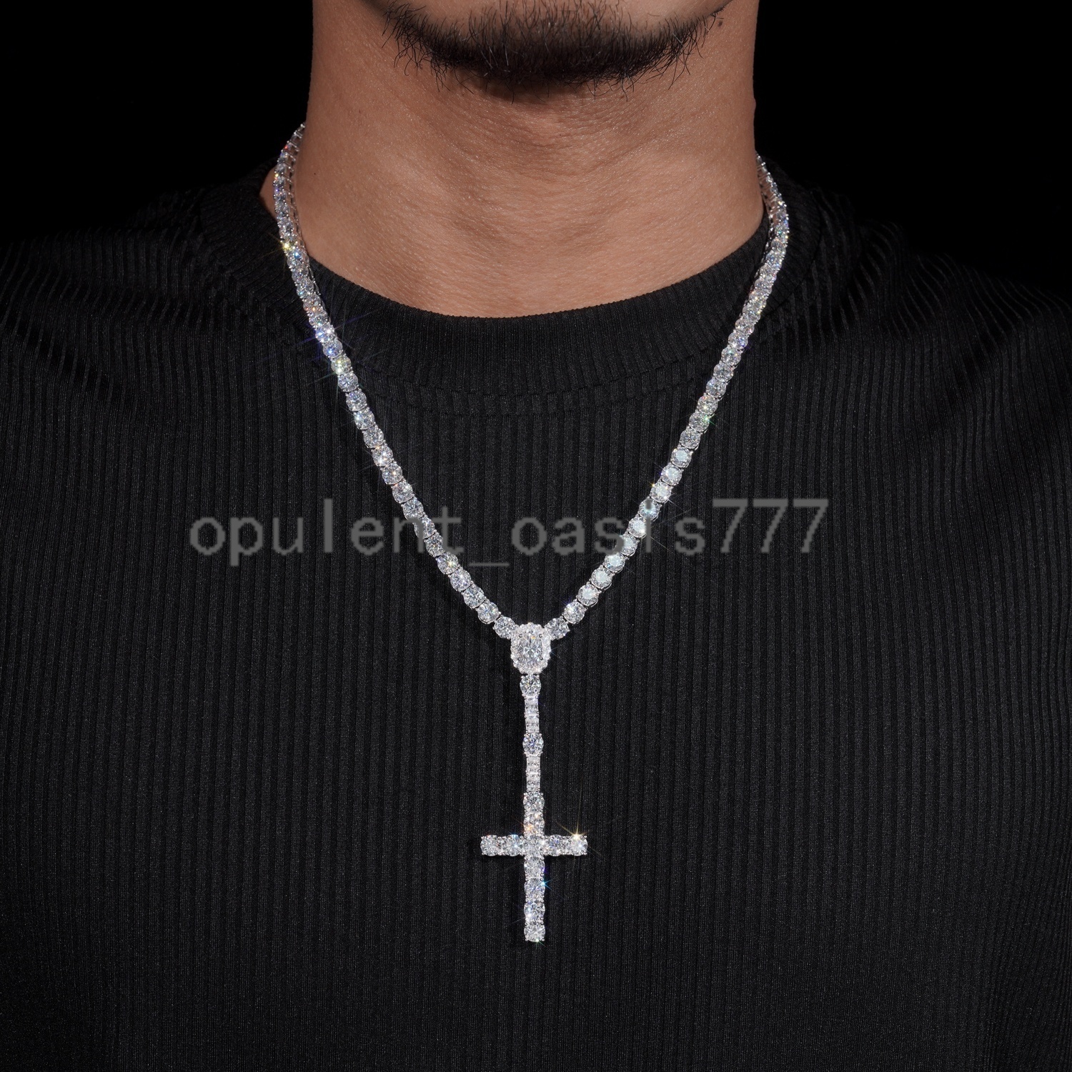 New Arrival Hot Sell Iced Out 5MM Width 925 Sterling Silver VVS Moissanite Rosary Cross Tennis Chain Necklace