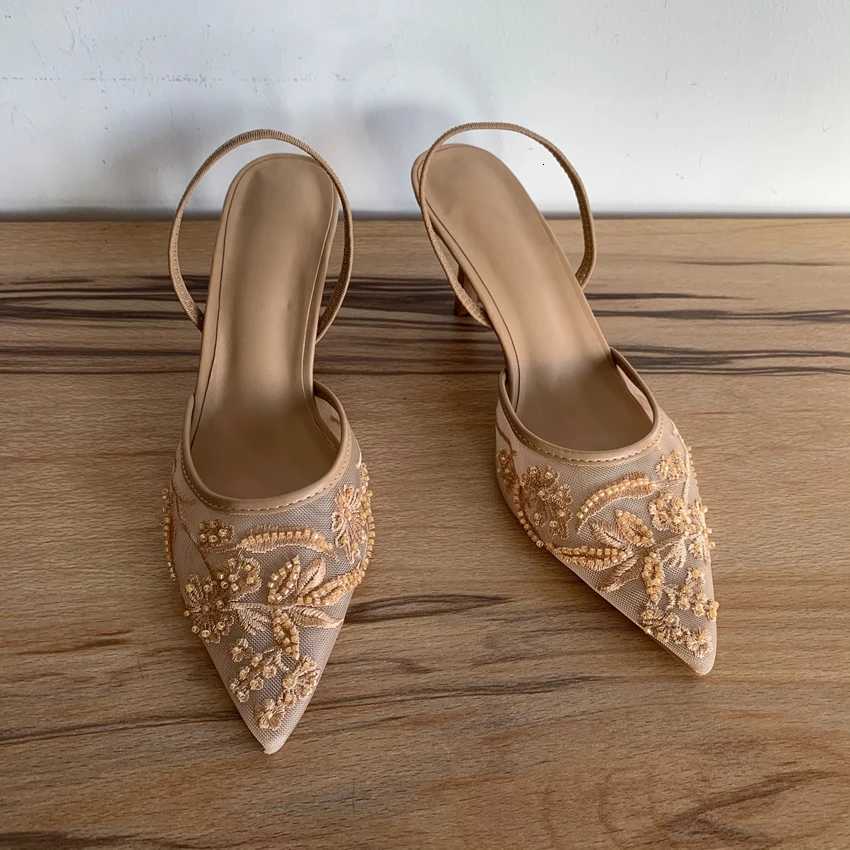 Mesh Embroidered Flowers High Heels Sandals Women 2025 Summer Sexy Slingback Pointed Toe Pumps Dress Shoes Sandalias De Mujer Z260330