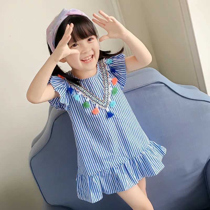 2026 Summer Girls Striped Dress Children Short Sleeves Flowers Princess Dress Baby Korean Version Beach Casual Dress 1-8YT260330