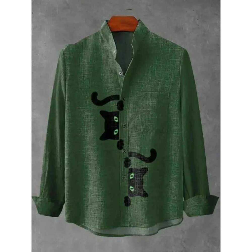 New Spring And Autumn Best-Selling Men's Long-Sleeved Comfortable Retro Kitten Pattern Art Print Shirt