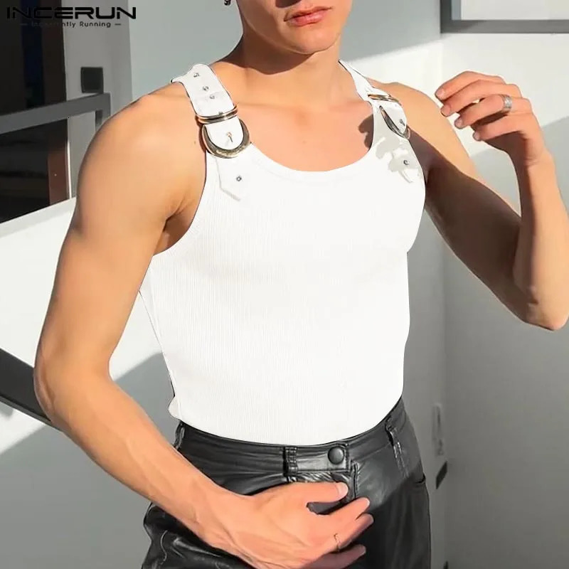 INCERUN Tops American Style Fashion Men Deconstruction n Metal Buckle Mesh Vests Casual Streetwear Male Solid Tank 260312