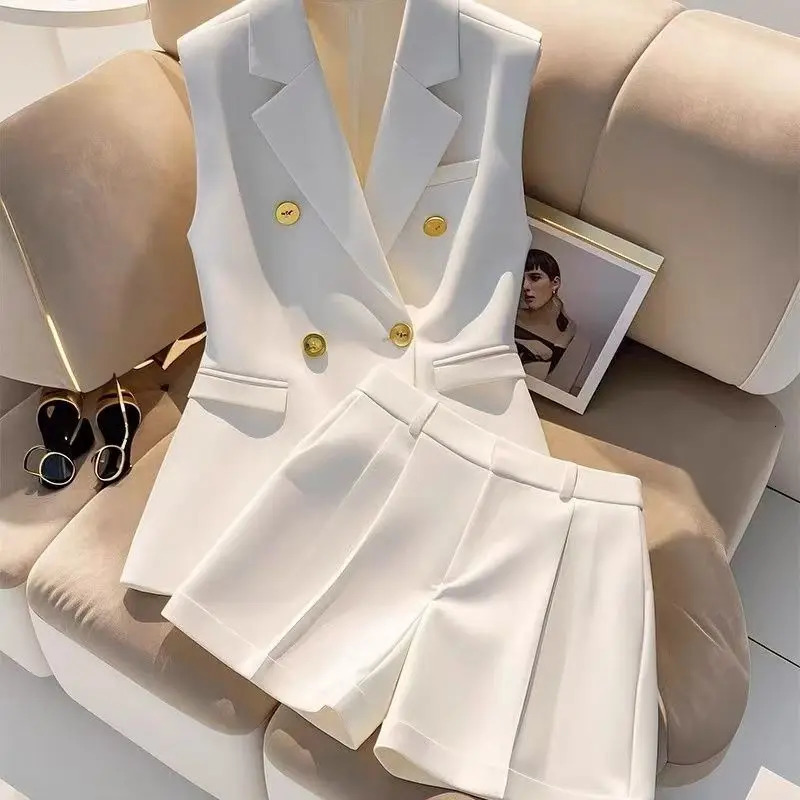 Elegant Office Lady Sleeveless Blazer and Shorts Set with Gold Button White Two Piece Suit Women Summer Business Casual Outfit 260326